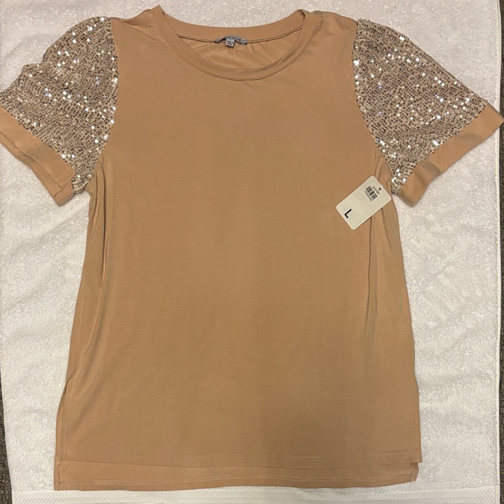 White Birch Tan Top with Sequin Sleeves